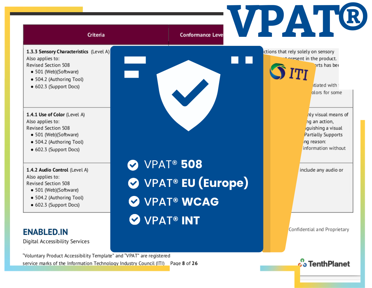 Graphic illustrating VPAT® 508 VPAT® EU (Europe) VPAT® WCAG VPAT® INT VPAT, adhering to WCAG2Mobile, WCAG AA, Section 508, and EAA standards.