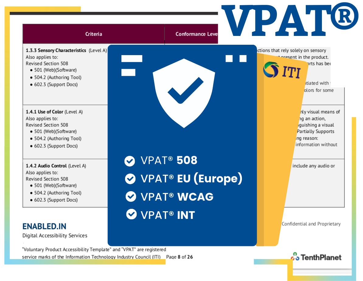 Graphic illustrating VPAT® 508 VPAT® EU (Europe) VPAT® WCAG VPAT® INT VPAT, adhering to WCAG2Mobile, WCAG AA, Section 508, and EAA standards.