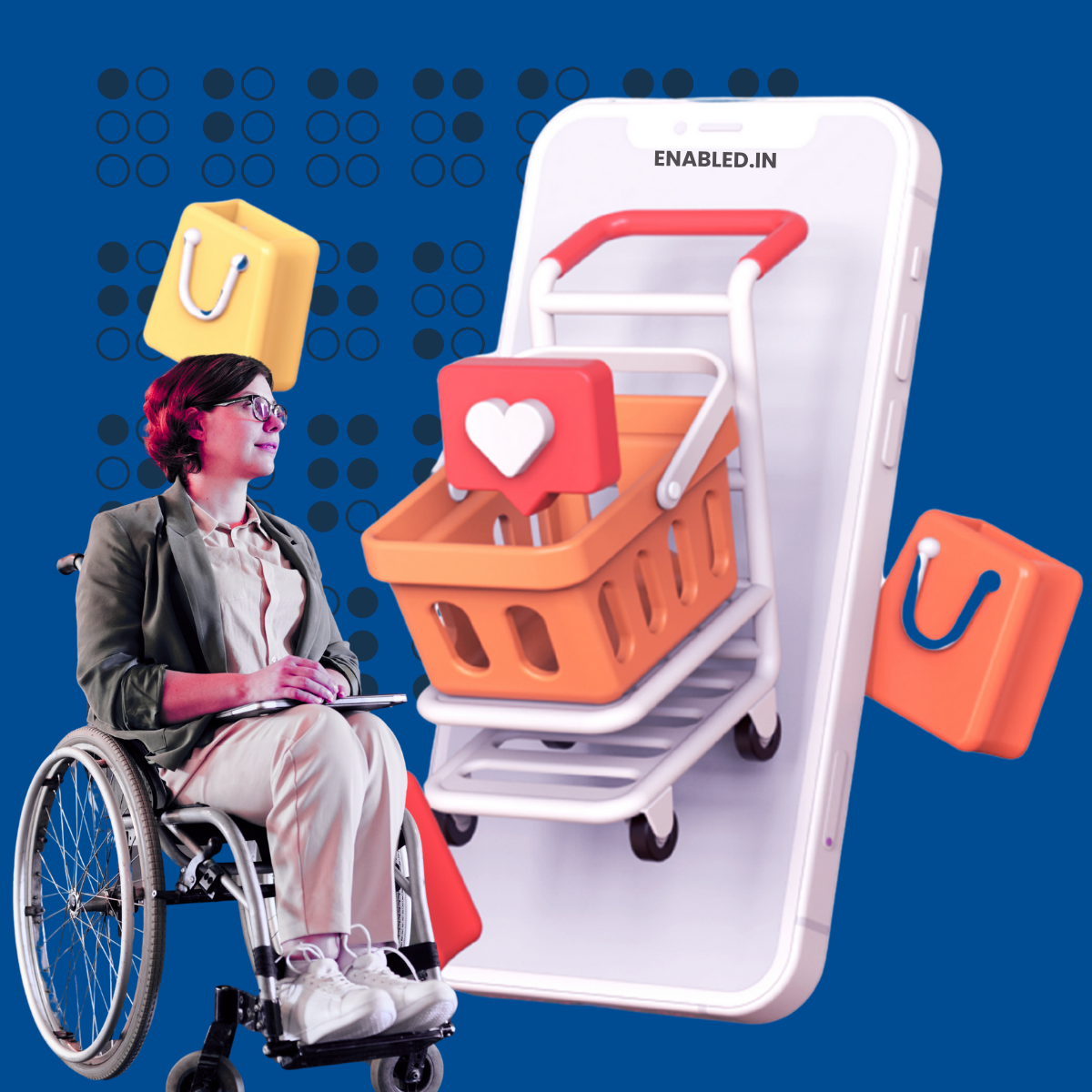 Woman in wheelchair beside a mobile phone with shopping cart icons, promoting eCommerce accessibility compliant with WCAG 2.2, ADA, Section 508, and EN 301 549