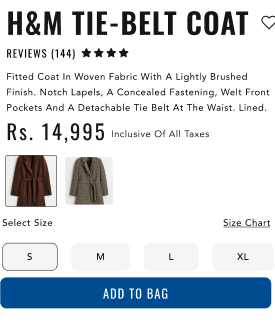 Product page for an H&M tie-belt coat showing images, price, sizes, reviews, and “Add to Bag” button. Built for accessibility with alt text, keyboard navigation, and inclusive media support per WCAG and EN 301 549.