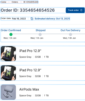 Order summary page showing order ID, confirmation and shipping dates, item list with product details, and a “Track Order” button. Designed with accessible headings, status updates, and screen reader-friendly layout per WCAG and Section 508.