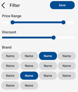 Filter screen showing adjustable price and discount sliders, and selectable brand buttons. Demonstrates accessible storefront UI with keyboard operability, screen reader support, and WCAG 2.1 + EN 301 549 compliance.
