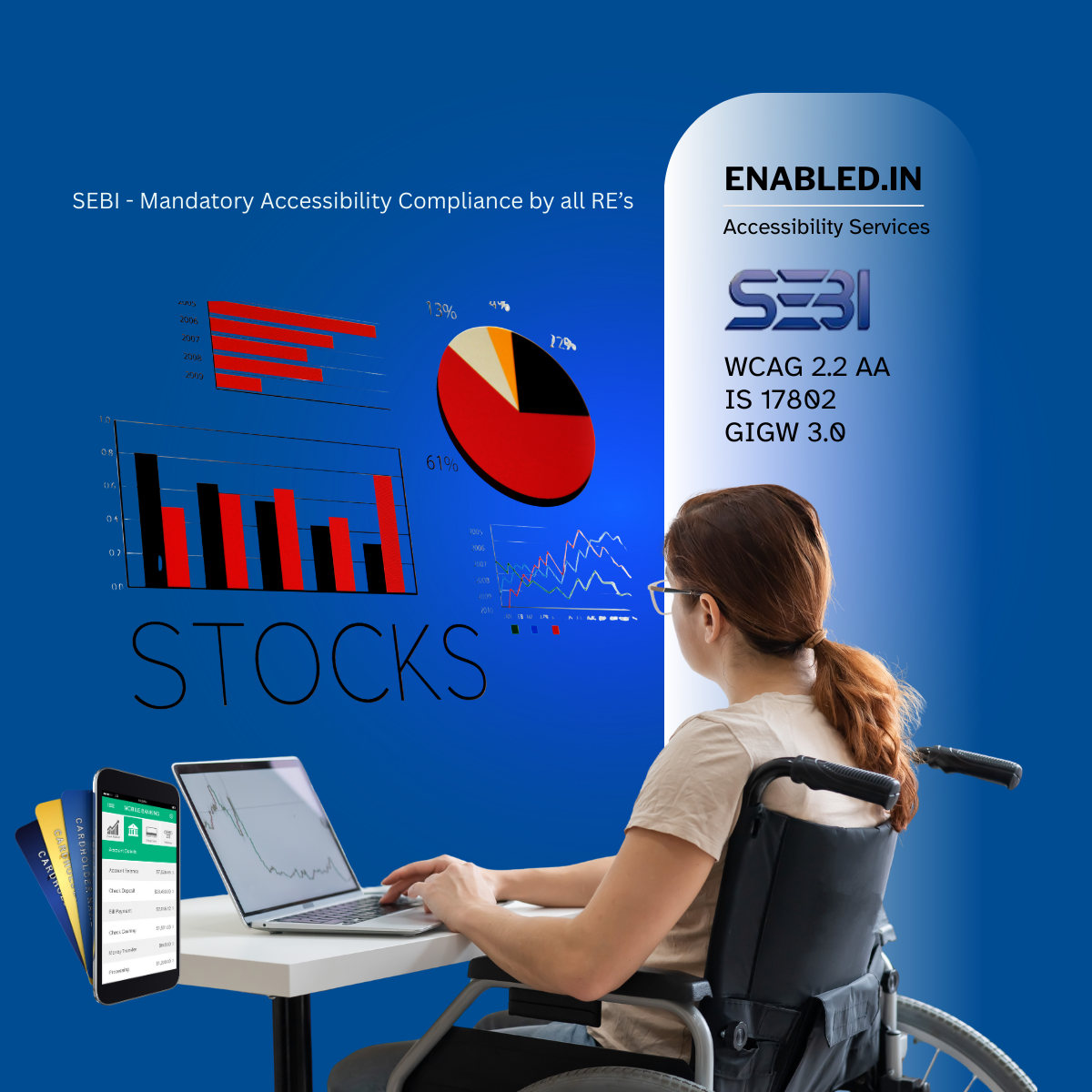 Wheelchair user accessing stock market data on a laptop, representing SEBI-mandated digital accessibility compliance.