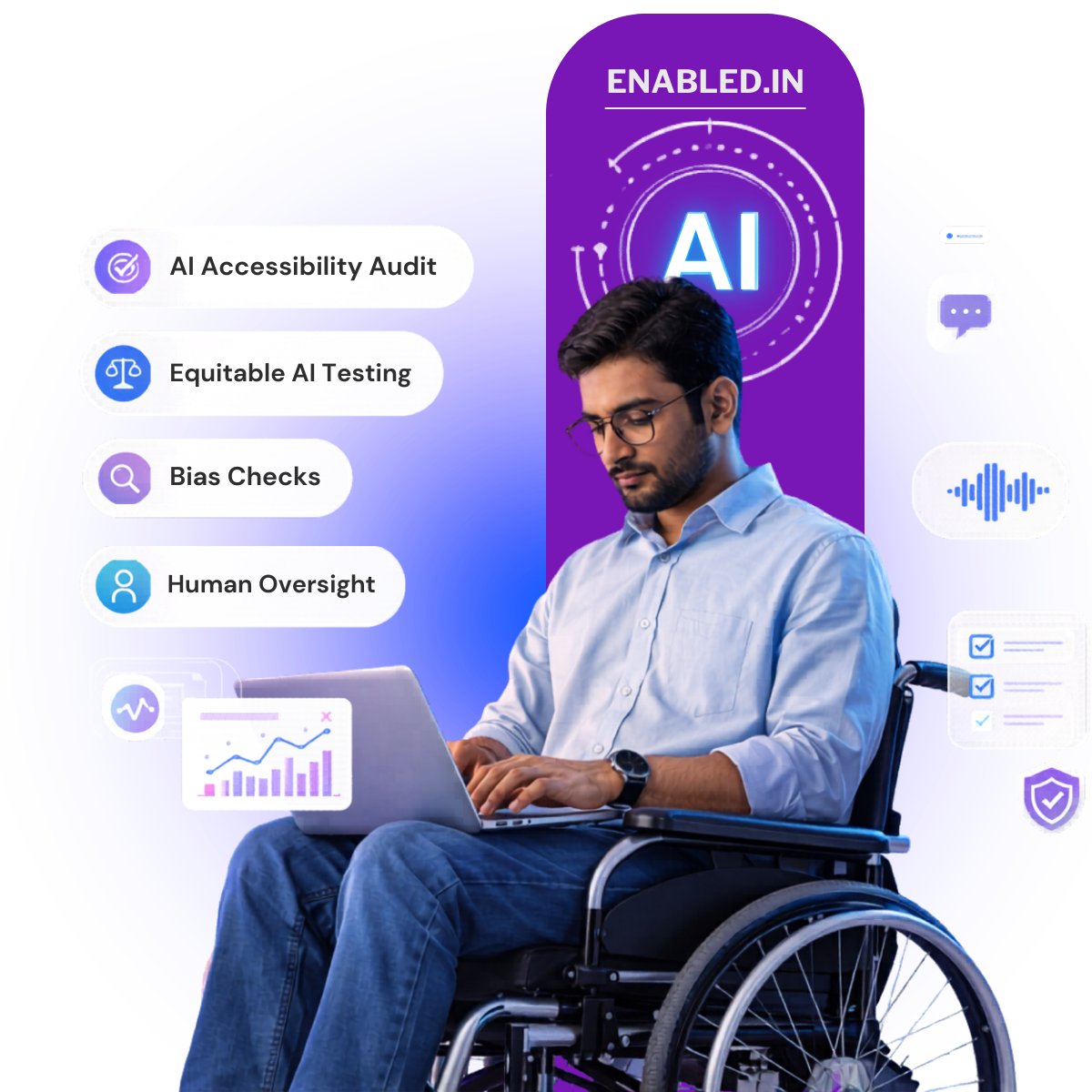 AI accessibility audit and equitable AI testing services illustration showing a professional using a laptop in a wheelchair, highlighting bias checks, human oversight, and inclusive AI design by Enabled.in