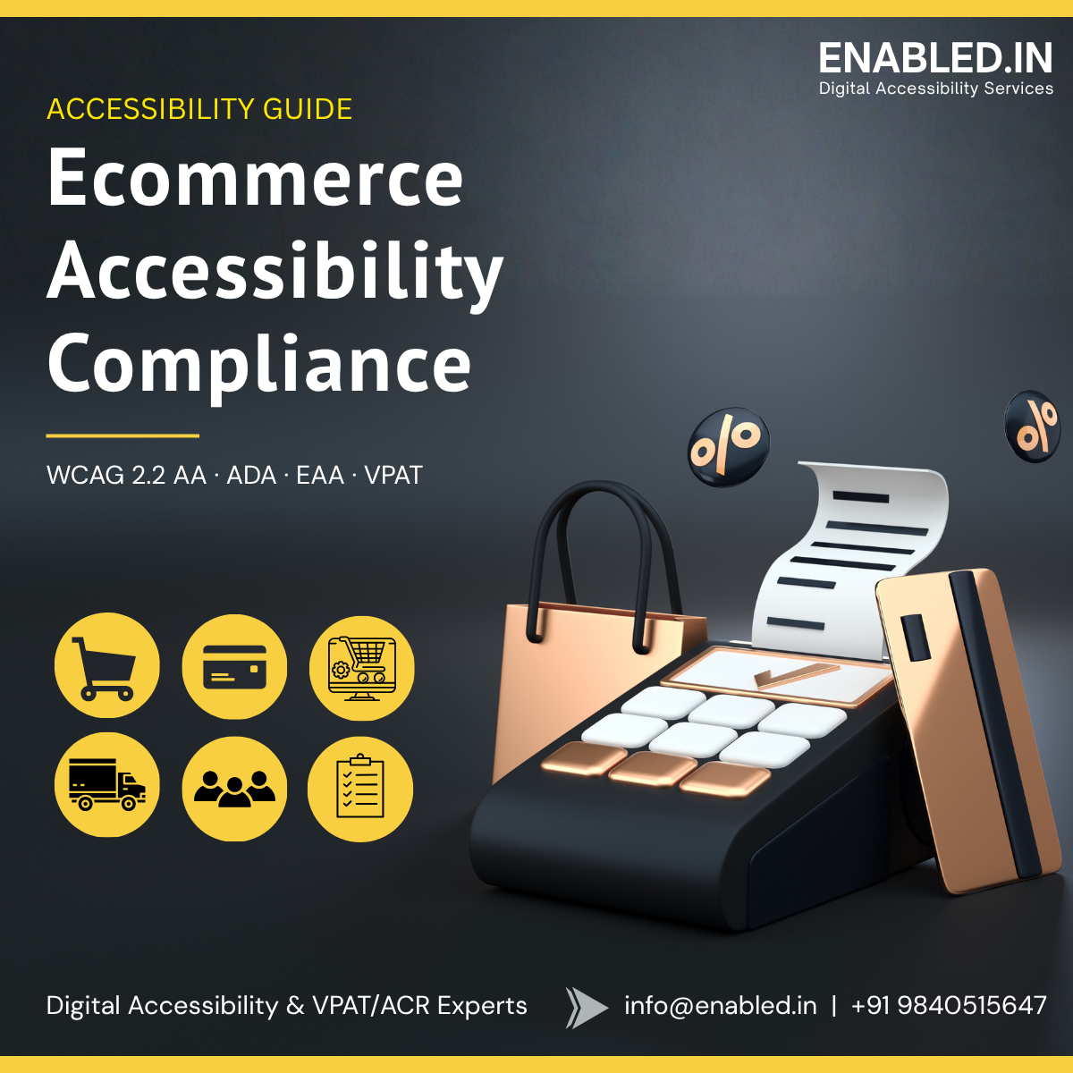 Ecommerce Accessibility Compliance Guide covering WCAG 2.2 AA, ADA, EAA, VPAT/ACR, online shopping, checkout, and digital accessibility.