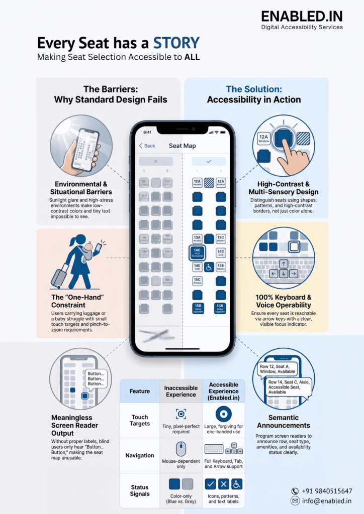Infographic comparing inaccessible and accessible flight seat selection, showing solutions for low vision, keyboard navigation, one-handed mobile use, semantic screen reader announcements, and high-contrast seat maps.