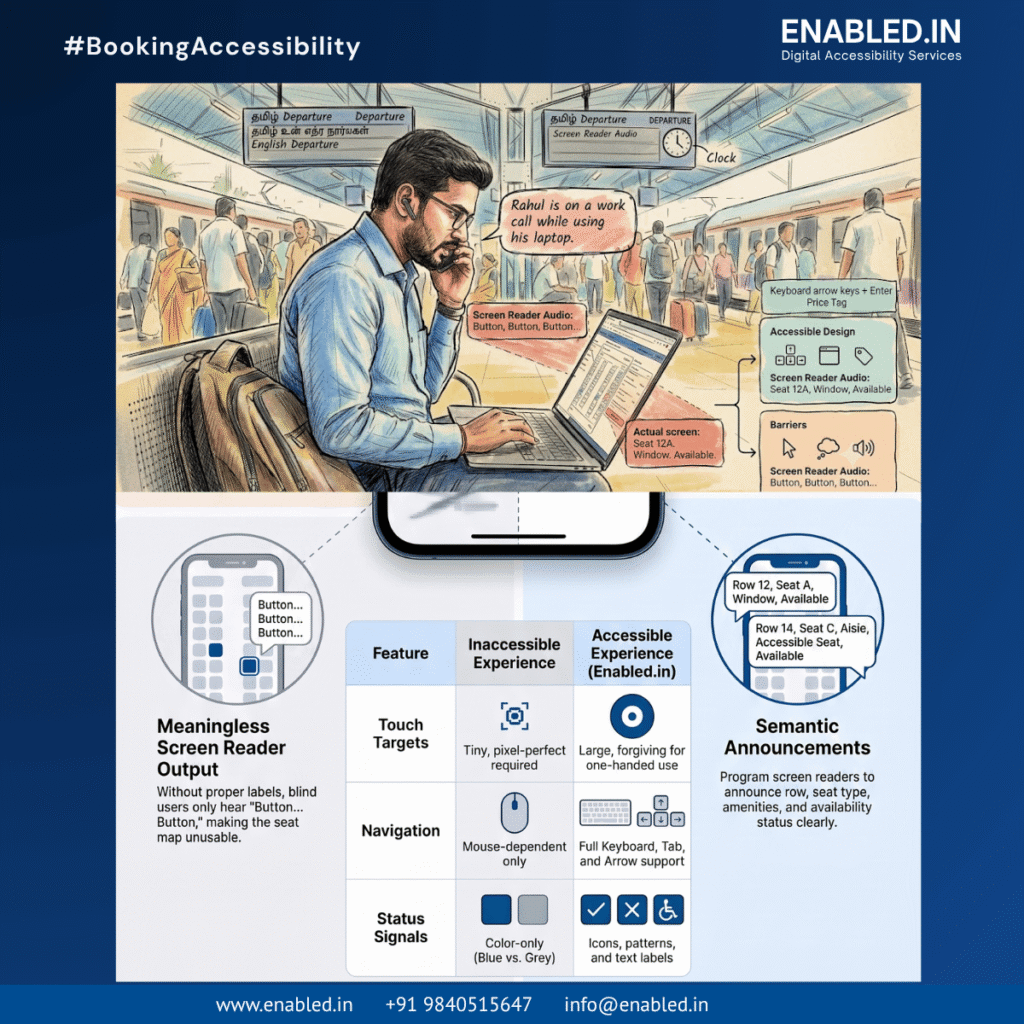 Illustration of a keyboard-only user selecting an airline seat using keyboard navigation with semantic announcements, focus indicators, and accessible seat selection designed to meet WCAG accessibility standards.