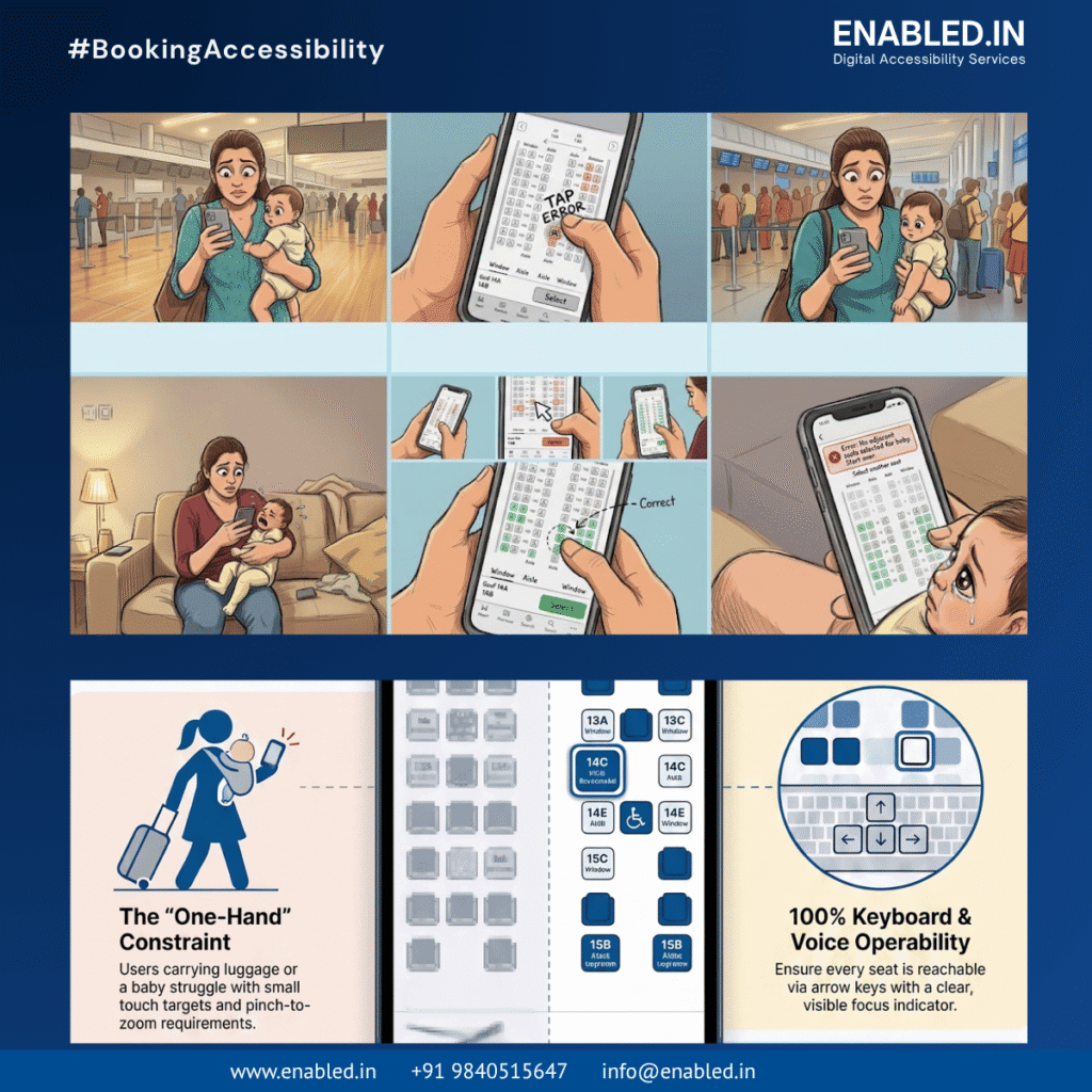 Illustration of a traveler carrying an infant while using one hand to complete airline seat selection, demonstrating accessible mobile booking with large touch targets and simplified interaction.