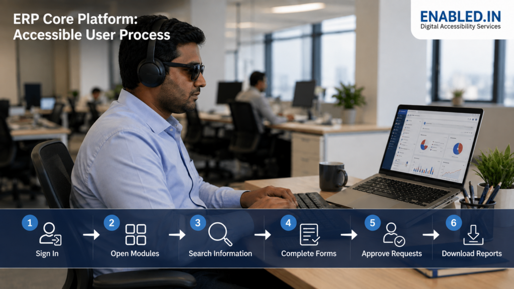 Visually impaired professional with headphones using an accessible ERP platform on a laptop