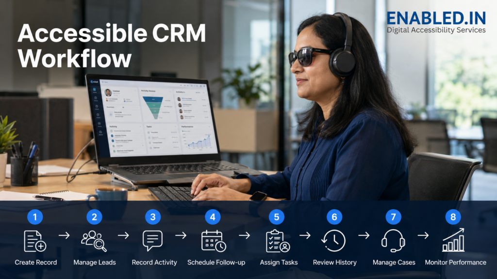 Visually impaired professional using a laptop and keyboard to manage customer data on an accessible CRM software.