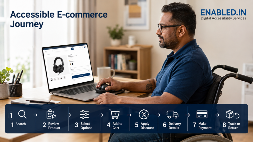 User in a wheelchair using an ergonomic trackball mouse to shop on an accessible e-commerce website