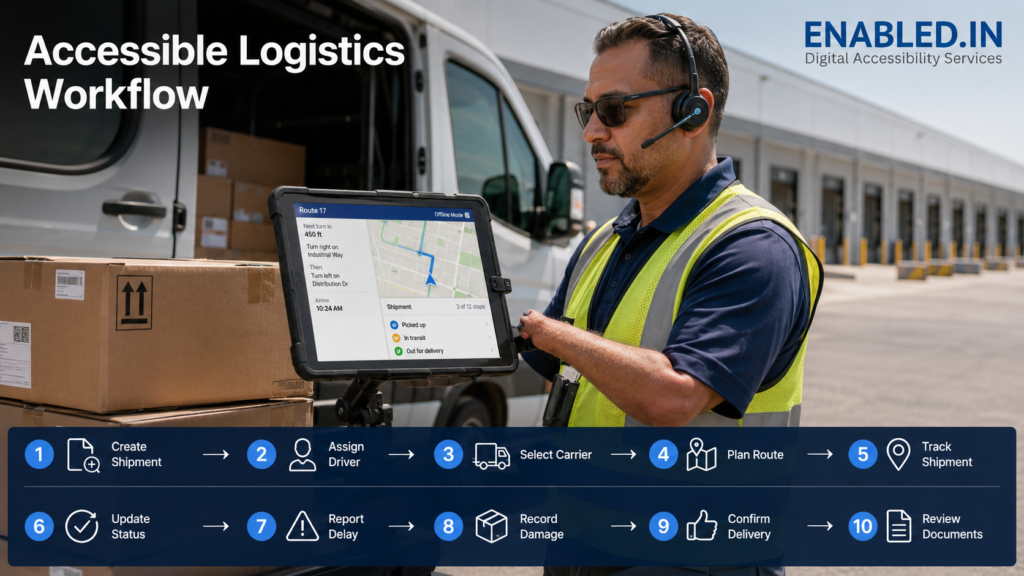 Delivery driver with headset using a rugged mounted tablet for route planning and shipment tracking.
