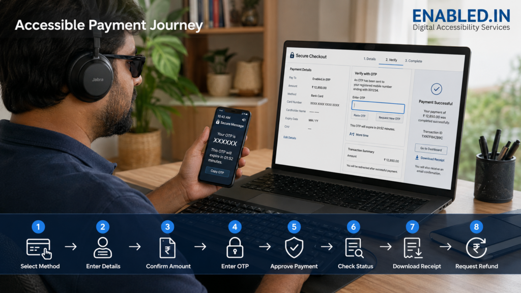 User entering an OTP on a smartphone to complete a secure, accessible web payment checkout.