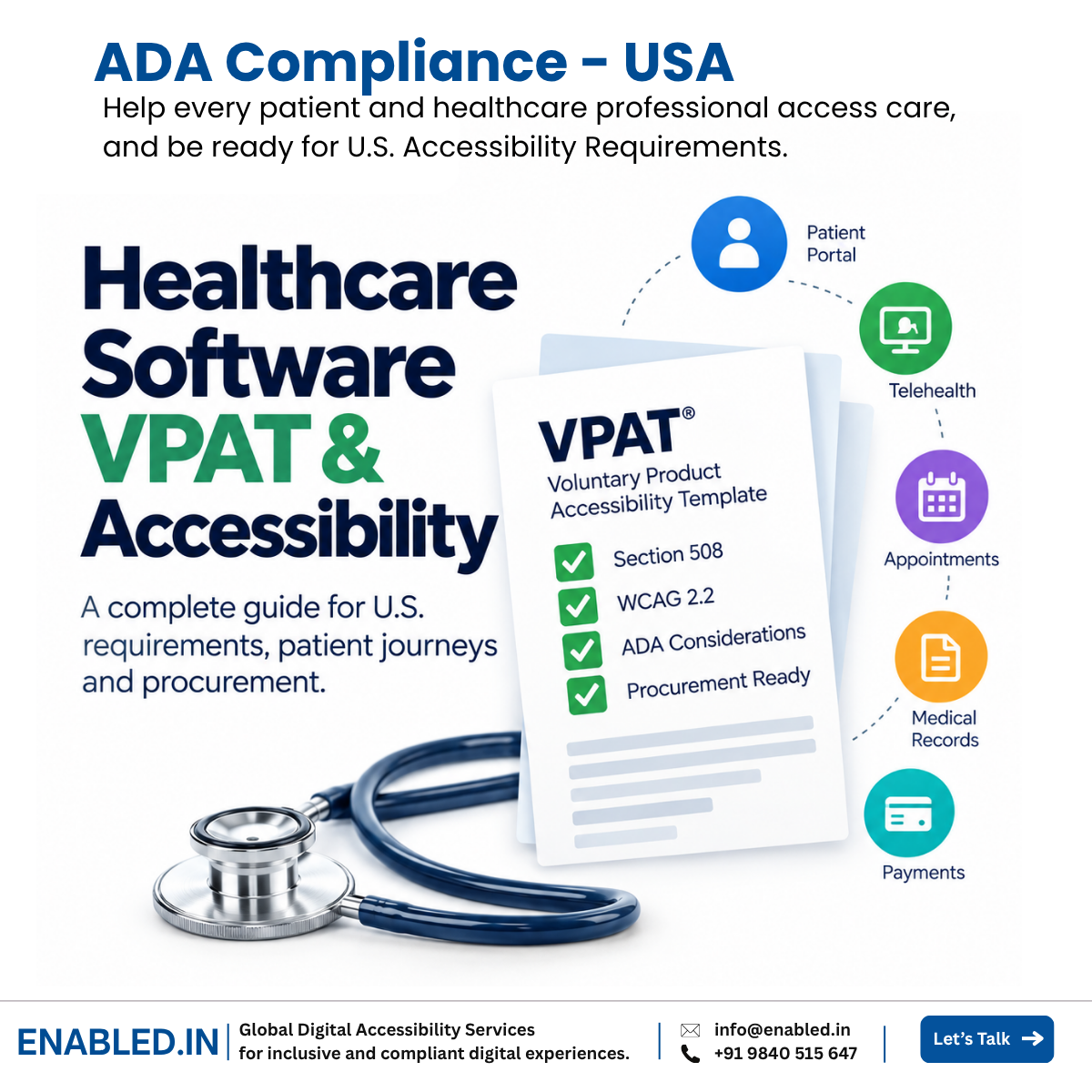Healthcare Software VPAT and Accessibility graphic showing a VPAT document, Section 508, WCAG 2.2, ADA considerations, patient portal, telehealth, appointments, medical records, and payments.
