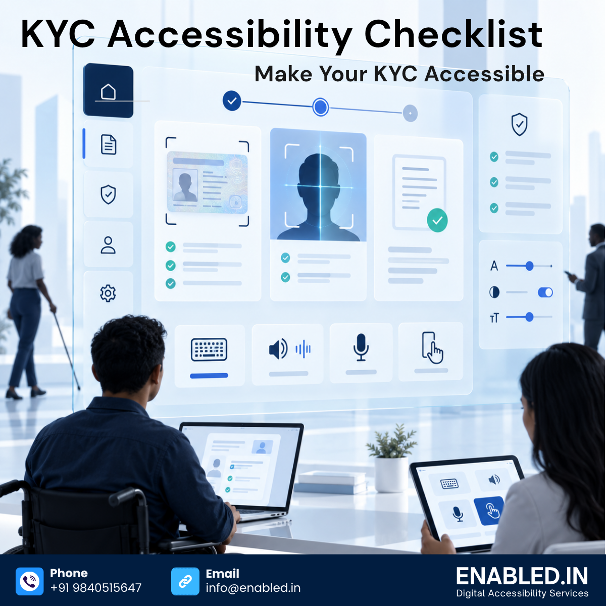 Accessible KYC identity verification interface showing document capture, biometric verification, progress tracking, and accessibility controls for keyboard, voice, microphone, and touch users.