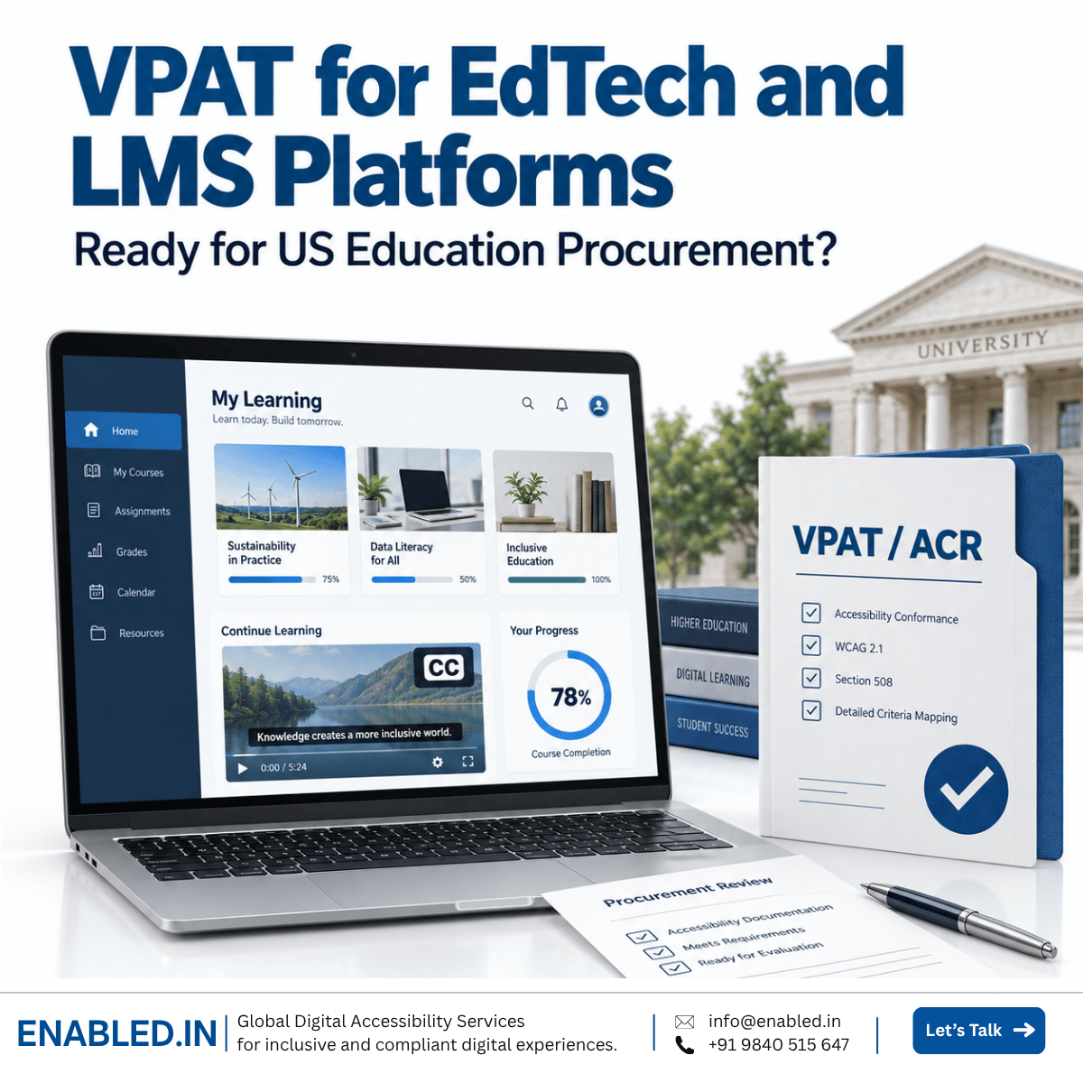 LMS accessibility dashboard with VPAT/ACR documentation for US education procurement