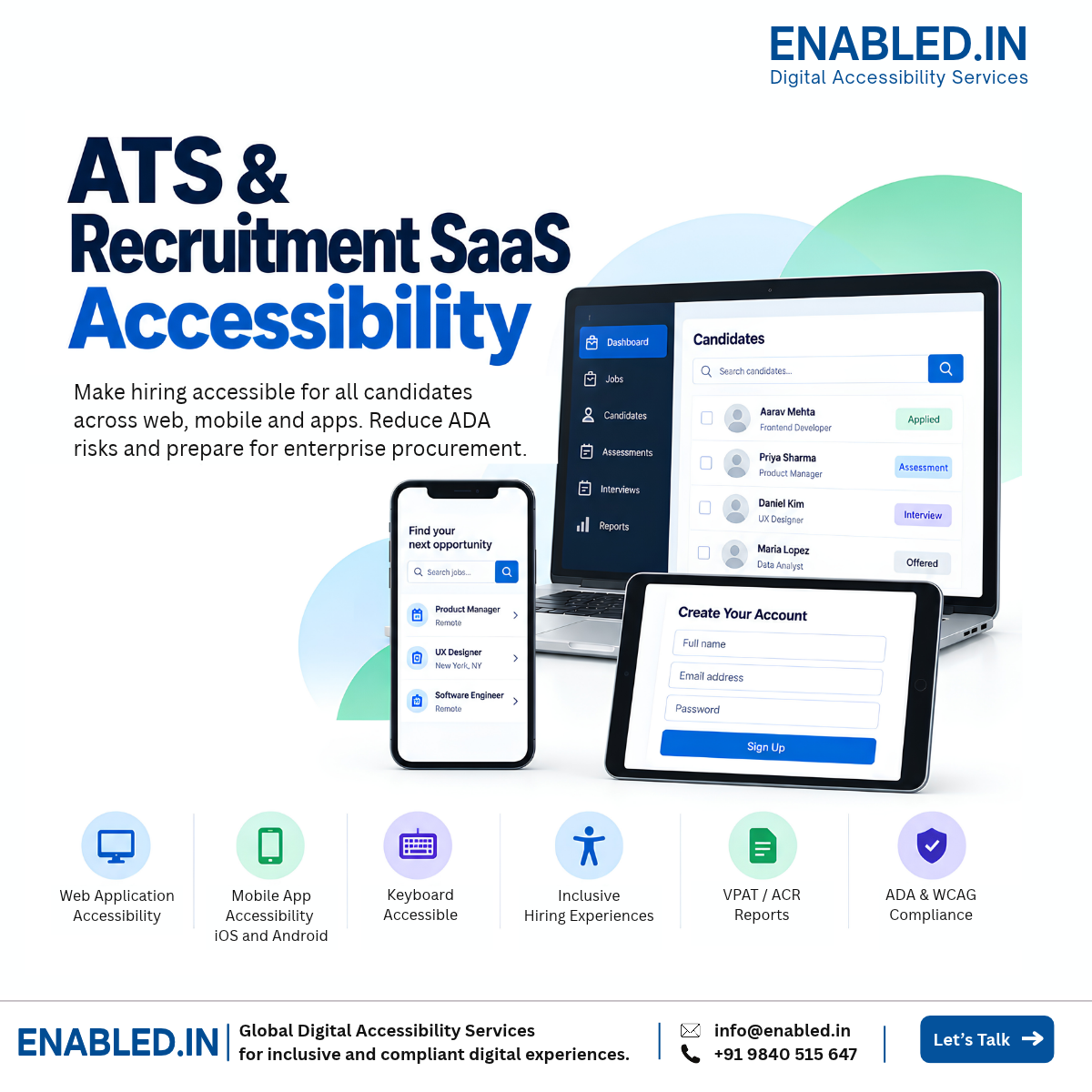 ATS and recruitment SaaS accessibility testing for web applications, iOS and Android mobile apps, including WCAG audits and VPAT/ACR services by Enabled.in.