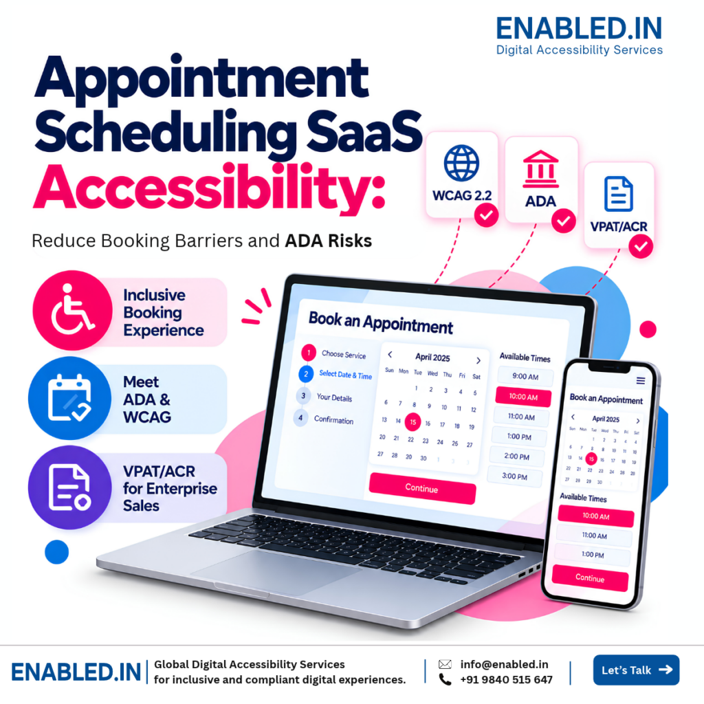 Appointment scheduling SaaS accessibility audit showing desktop and mobile booking interfaces, with WCAG 2.2, ADA, and VPAT/ACR testing services.