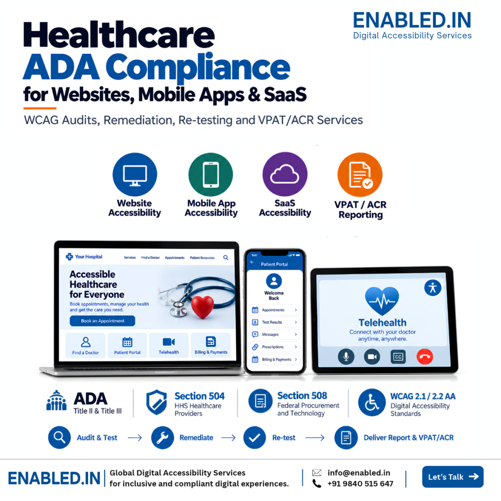 Healthcare ADA compliance for websites, mobile apps and SaaS, featuring WCAG accessibility audits, remediation, re-testing and VPAT/ACR reporting.