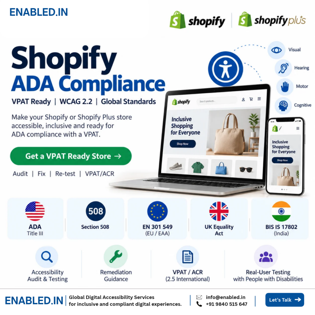 Shopify ADA compliance and accessibility services by Enabled.in, featuring WCAG 2.2 testing, remediation, VPAT/ACR, and real-user testing for Shopify and Shopify Plus stores.