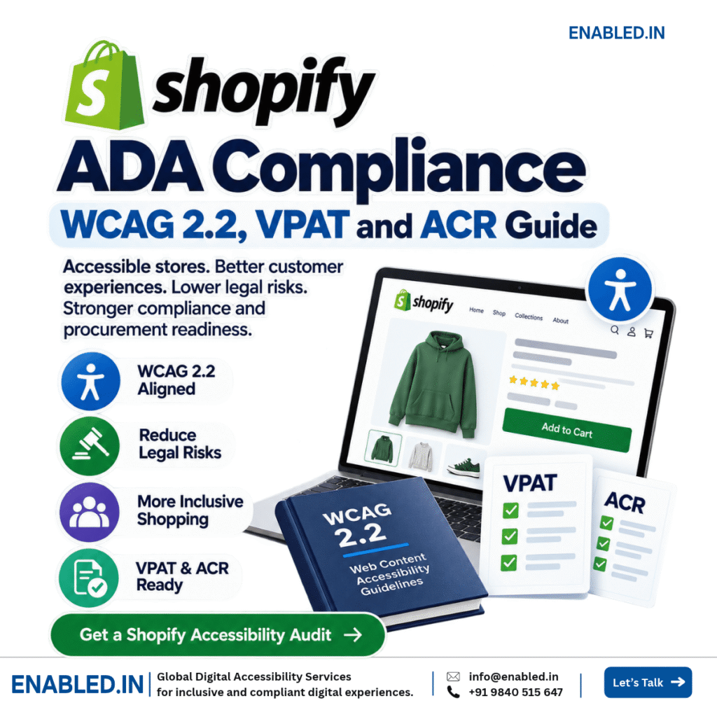 Shopify ADA compliance guide covering WCAG 2.2, VPAT, ACR and accessibility audit.