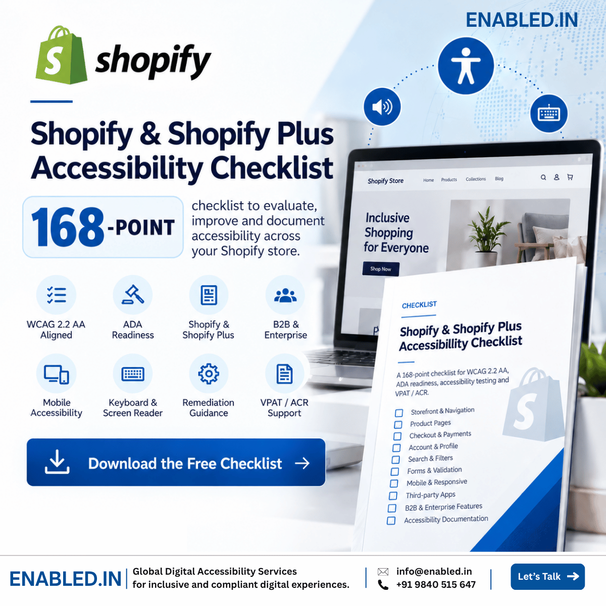 Shopify and Shopify Plus 168-point accessibility checklist for WCAG 2.2 AA, ADA readiness and VPAT/ACR.