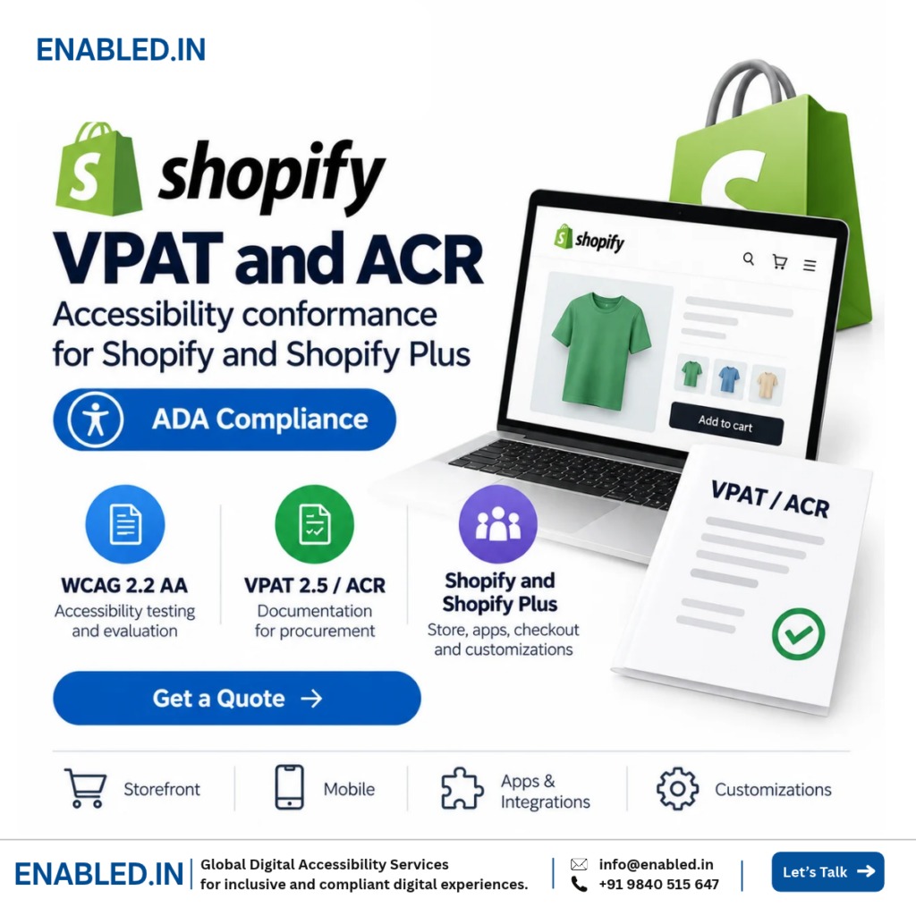 Shopify VPAT and ACR accessibility graphic highlighting ADA compliance, WCAG 2.2 AA testing, VPAT 2.5/ACR documentation, and Shopify Plus accessibility services by Enabled.in.
