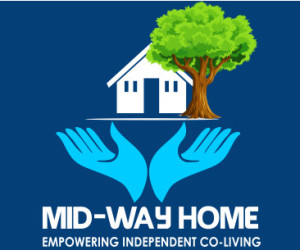Mid-way Home logo. In this logo one tree, home and 2 hands and Mid way home letters in english