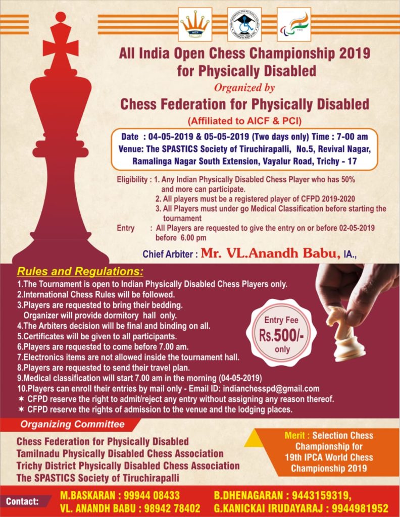 All India Open Chess Championship 2019 for Physically Disabled - Chess Championship disability banner