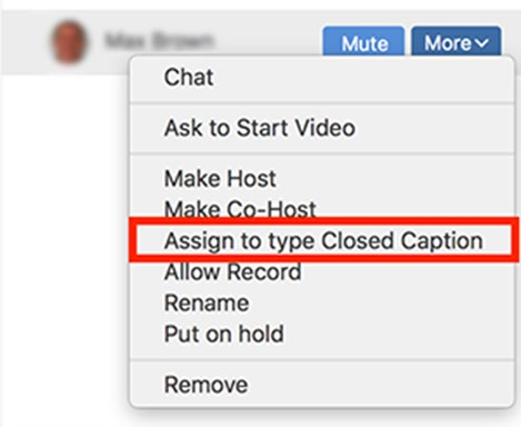 Assign a Participant to Provide Closed Captions zoom screenshot