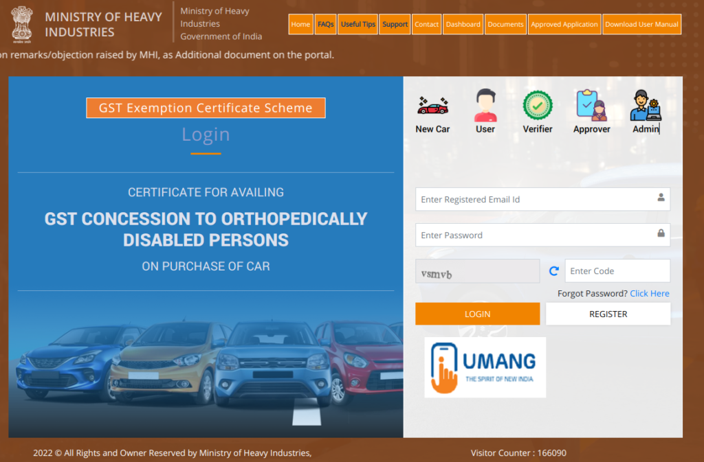 Ministry of Heavy Industries website home page. This page contain a registration and login link.